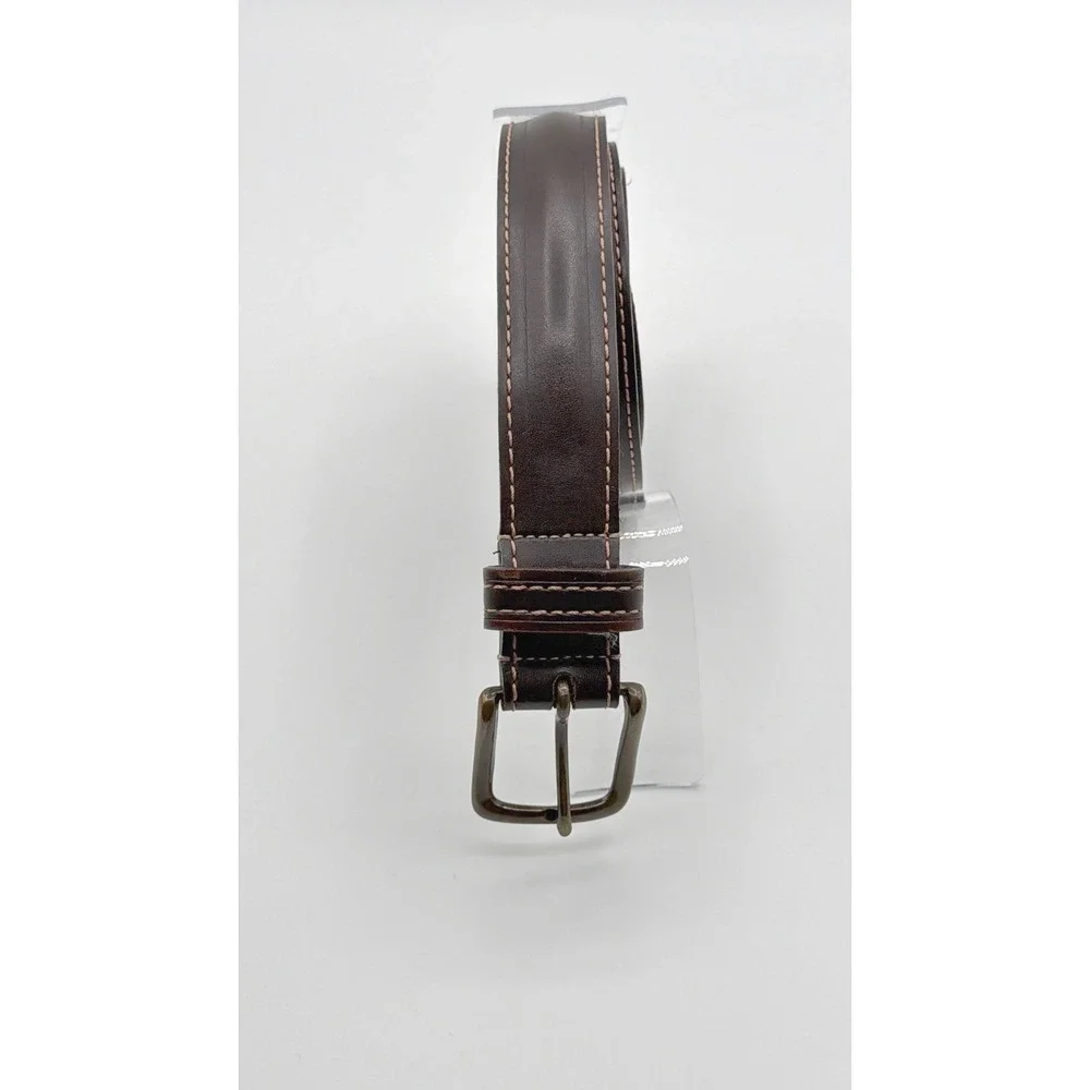Mens 34 Brown Leather Belt Antique Brass Buckle Double Stitch Career‎ Classic